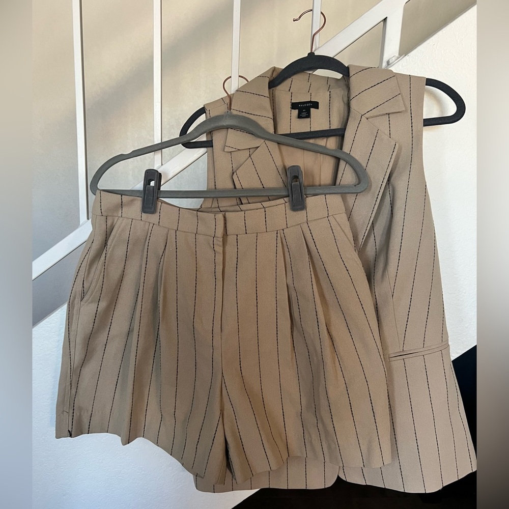 Beige Striped Sleeveless Blazer and Short set
